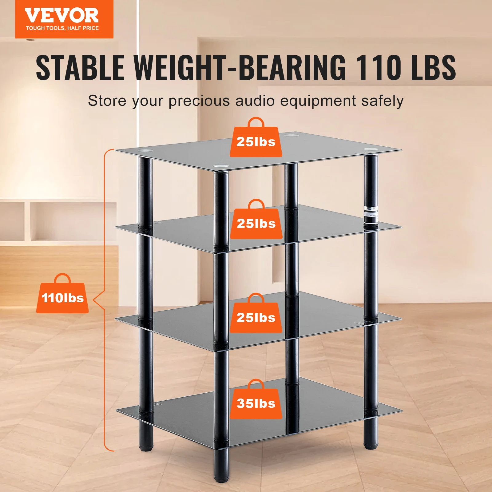 4-Tier AV Media Stand Audio/Video Stand with Strengthened Tempered Glass Shevles for DVD Adjustable Media Storage Cabinet