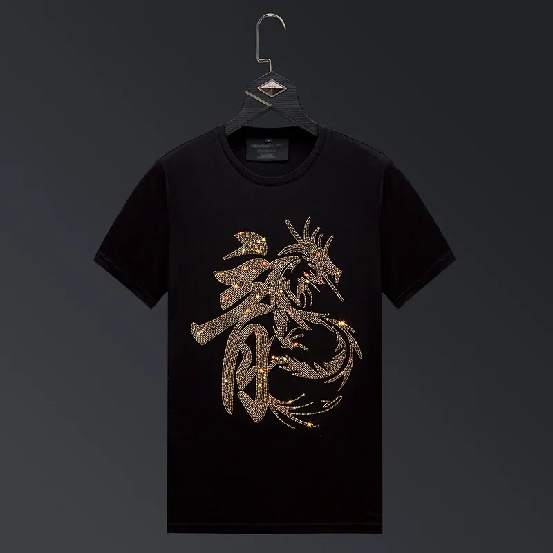 

Fashion Chinese Dragon Rhinestones T Shirts for Men Summer Clothes Casual O Neck Short Sleeve Cotton T-shirts Camisas Streetwear