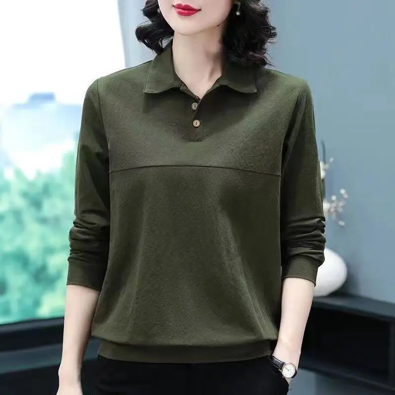 Commuter Versatile Women's Clothing Autumn and Winter New Spliced Buttons POLO Collar Long Sleeve Temperament Pullover Shirt