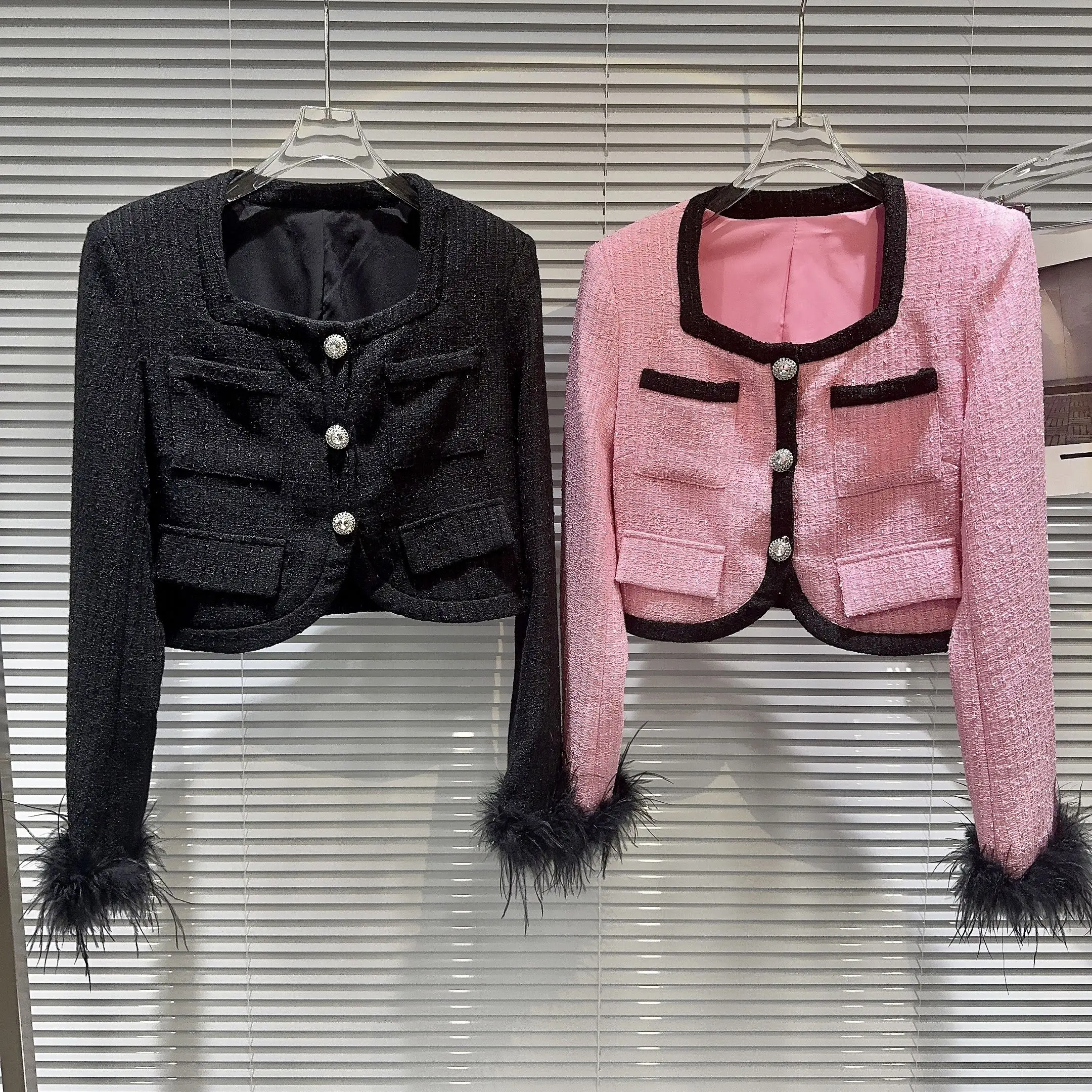 

HIGH STREET Newest 2023 Fashion Designer Jacket Women's Square Neck Single Breasted Feather Patchwork Short jacket