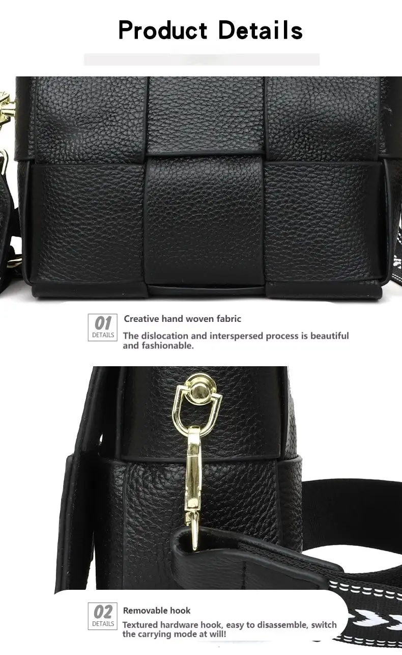 100% Cowhide Women's Shoulder Bags Genuine Leather Woven Crossbody Bags Wide Straps Messenger Bags Fashion Designer Brands Totes