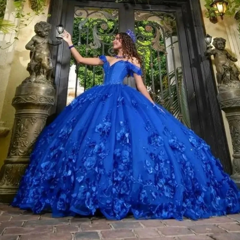 Customize Glittering Lavender Plus Blue Quinceanera Dresses Beading 3D Flower Cinderella 16 Princess Gowns Vestidos De 15 Anos