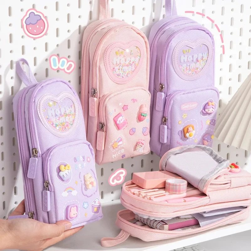 Large-capacity Schoolbag Pencil Case for Girls Cartoon Pencil Box Multi Layer Storage and Standing Cute Kawaii School Supplies