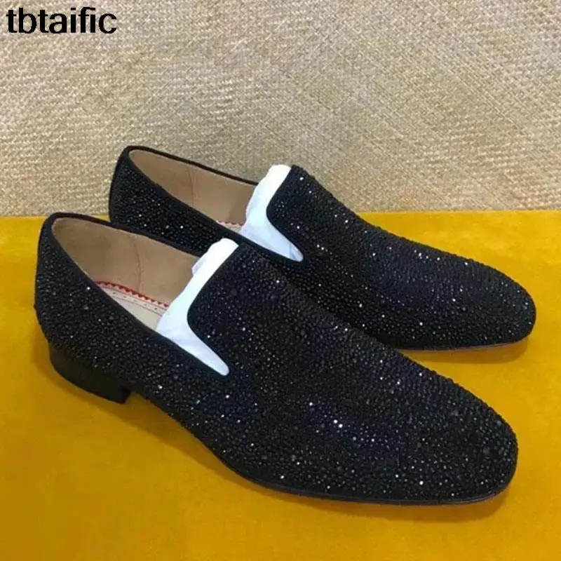 

Designer high quality black rhinestone loafers suede leather shoes casual gentleman's formal shoes mens wedding shoes flat soles