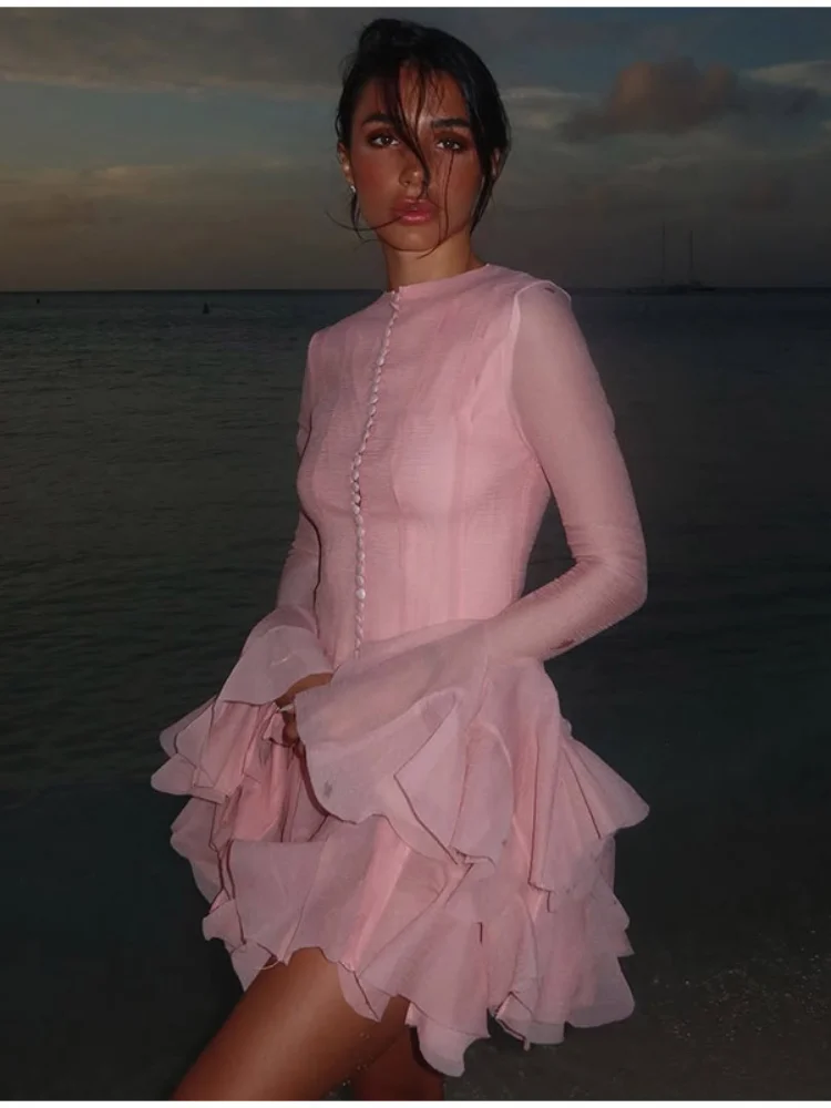 Luxury O Neck Pink Ruffle Button Female Vestidos Fashion Long Sleeve High Waist Prom Dresses Spring New Lady Short Evening Dress 4