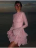 Luxury O Neck Pink Ruffle Button Female Vestidos Fashion Long Sleeve High Waist Prom Dresses Spring New Lady Short Evening Dress 4