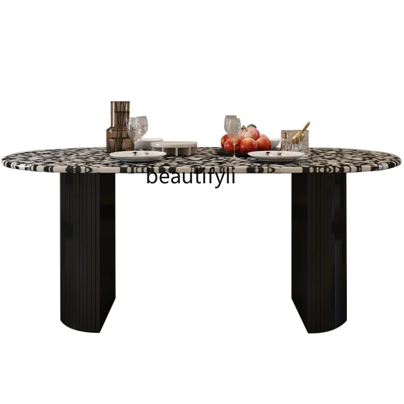 

French Entry Lux Terrazzo Dining Table Marble Oval Simple Retro Designer Solid Wood Dining Table