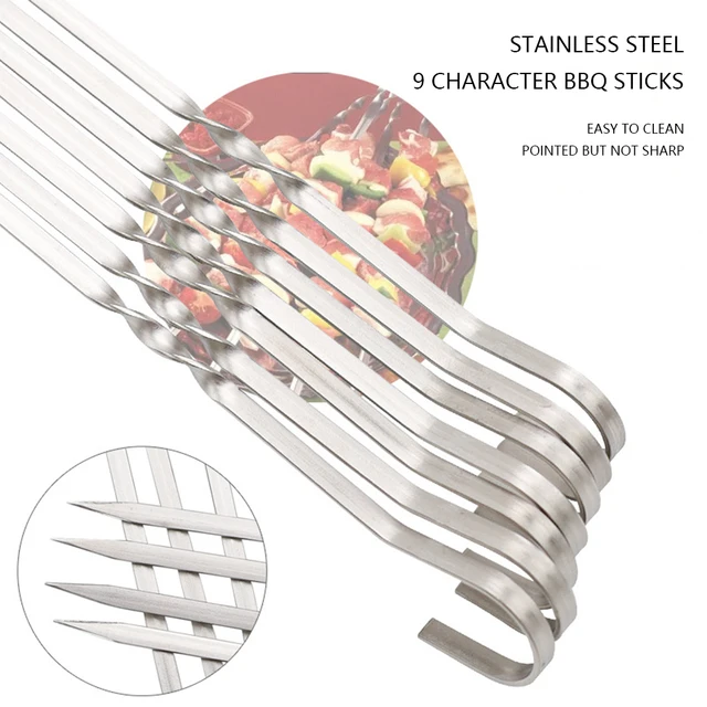 10 db Újrafelhasználható Grillszárc Rozsdamentes Acél Lapos Grillezés Nyársa