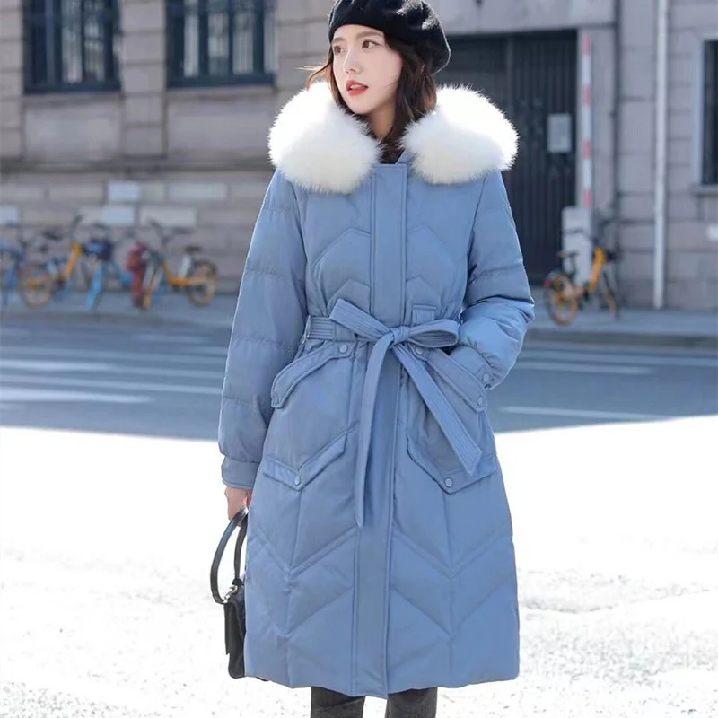 

Women's Long Slim-Fit Warm Jacket, Large Wool Collar, Thickened White Duck Down, Over-the-Knee, New, 2023