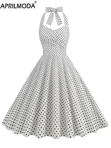 Hepburn Style Vintage Halter Summer Casual Dress Dot Print Patchwork High Waist Dance Bridesmaid Swing Party Flare Tea Dresses