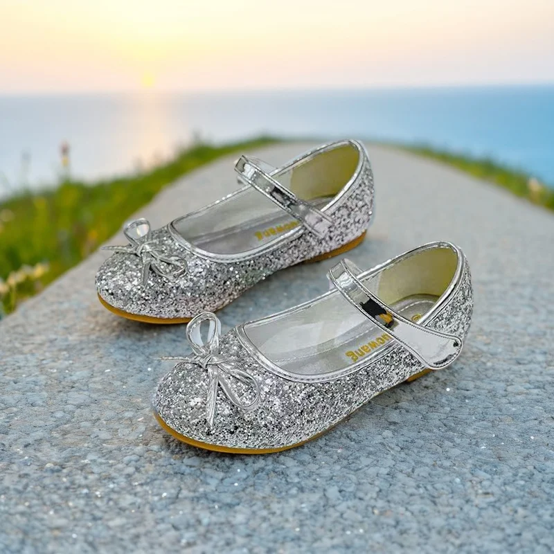 Girls Leather Shoes Kid's Bowknot Flats Princess Sequins Kid's Flats Children's Dance Shoes Size 24-37