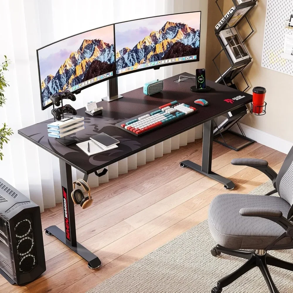 "55" t-shaped carbon fiber gaming desk with integrated mouse pad, headphone holder, and usb storage rack