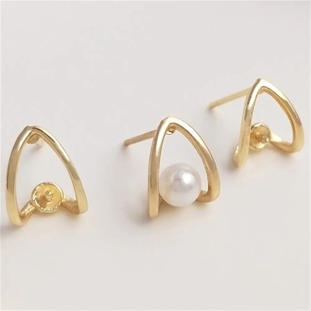 925 Silver Ear Needle 14K Gold Wrapped V-shaped Half Hole Bead Bracelet Earrings DIY Sticky Crystal Pearl Earring Accessories