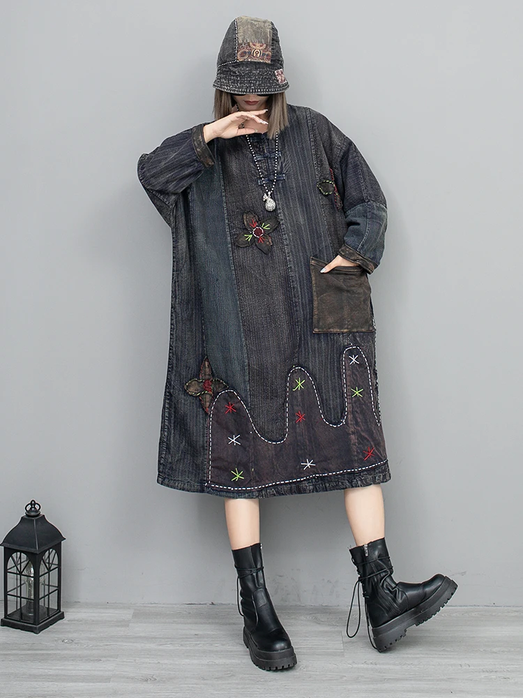 

New Vintage Distressed Embroidered Patch Buckle Pullover Long-sleeved Dress Women's Patchwork Streetwear Mid-calf O-neck Dress