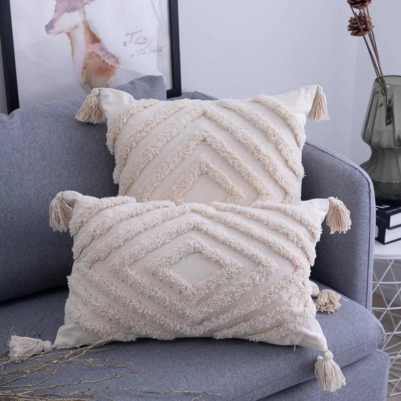 Simple Tufted Cushion Cover Geometric Rhombus Wave Big Tassel Pillowcase Hand-tufted and Crocheted Decorative Sofa Pillow Cover