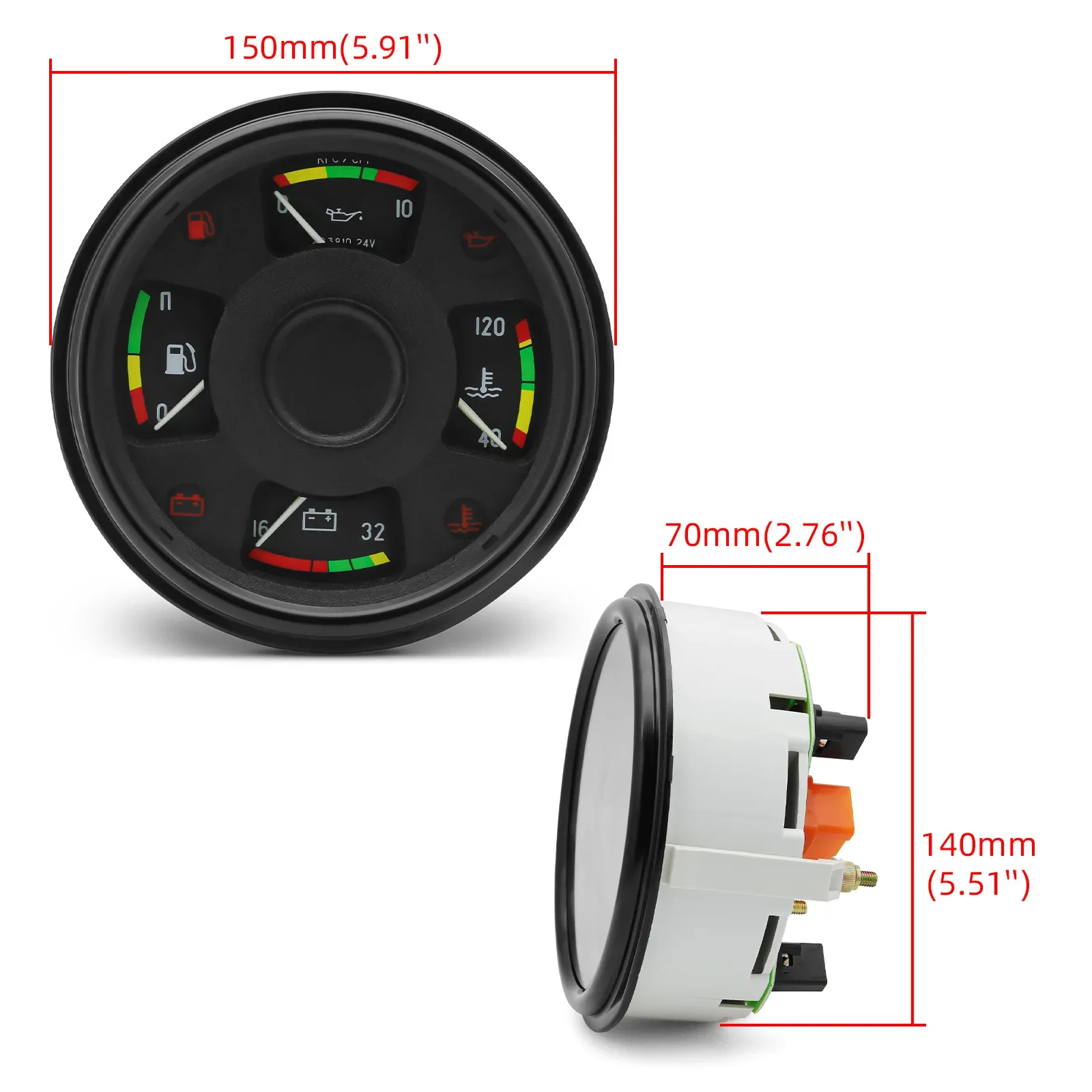 150mm 4 in 1 게이지 수온 측정기 오일 압력 연료 레벨 전압계 24V 자동 해양 모터 + 경고 표시기 맞춤형