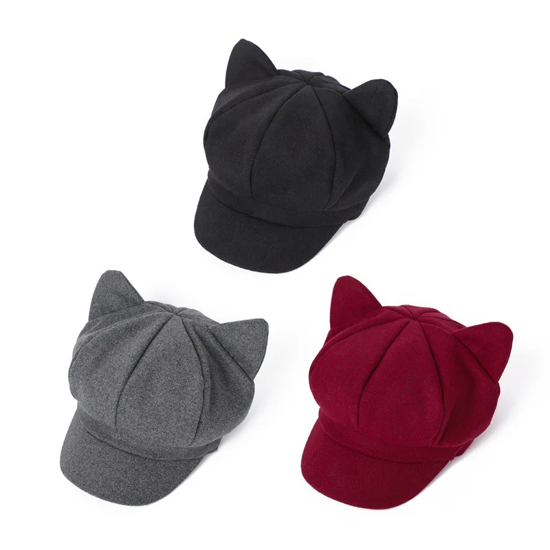 Women's Cat Ears Octagonal Solid Color Autumn Winter Beret Street Casual Painter Fashion Trend Newspaper Children's Hat_voghion.com