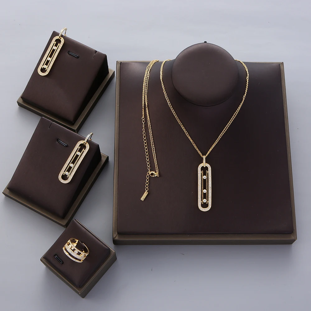 Luxury Geometry Double Long Chain Stackable Pendant Necklace Earring Ring Set  Full Cubic Zircon Charm Women Jewelry Gift EH604