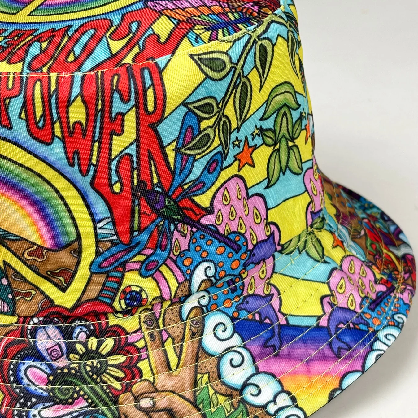 Flowerpower Peace Bike Retro Punk Hippie Fischerhut, beidseitig tragbar, künstlerisches Poster-Design, auffälliger Bucket Hat, beidseitig bedruckter Bucket Hat, Unisex-Modeaccessoire für Outdoor-Sport und Freizeit, geeignet für Festivals, Partys und Abenteuer. – Detail 8