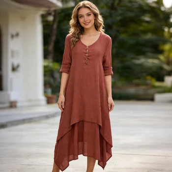 2026 Spring Women Oversize Long Dress Casual Long Sleeve V Neck Loose Plus Size Female Dress Elegant Vintage Holiday Beach Dress 1