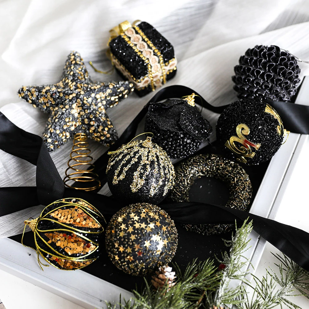 8pcs Christmas Ball Black Gold Series Christmas Tree Foam Ball Ornaments Hanging Ornaments Plush Ball Home Decoration