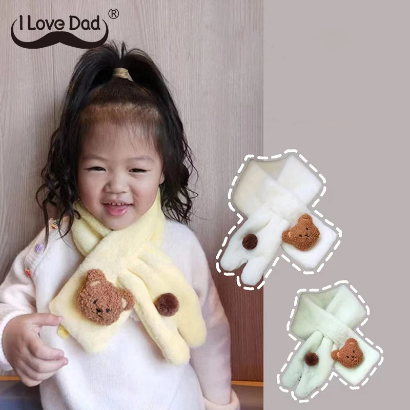 Cartoon Bear Baby Plush Scarf Winter Faux Rabbit Fur Thick Cross Scarves Cute Korean Kids Boys Girls Warm Neckerchief