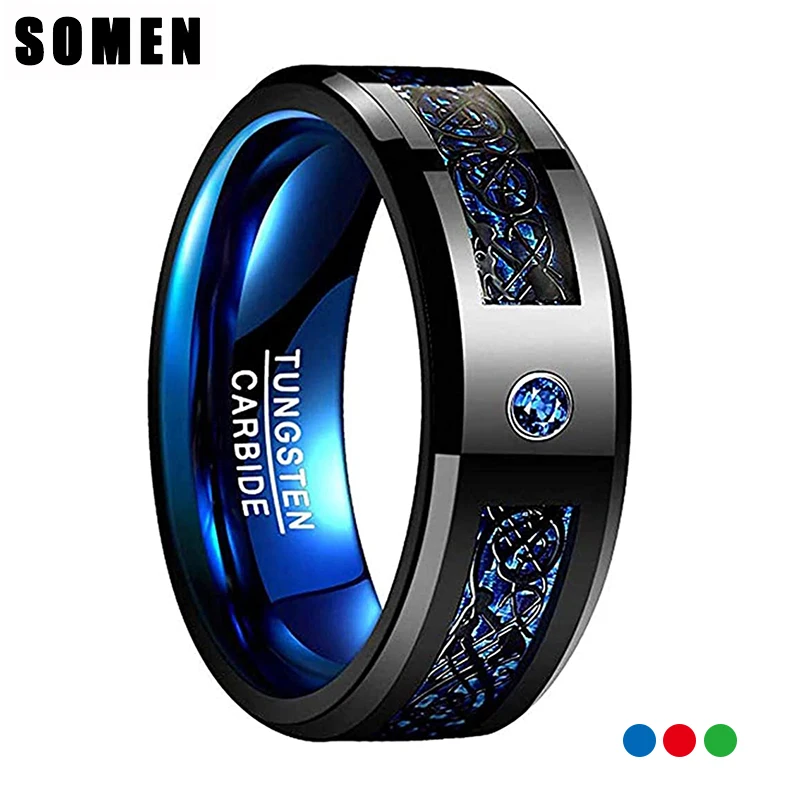 Somen 8mm Mens Tungsten Wedding Bands with Green/Blue/Red Cubic Zirconia Eternity Ring CZ Celtic Dragon Ring High Polished Size 1