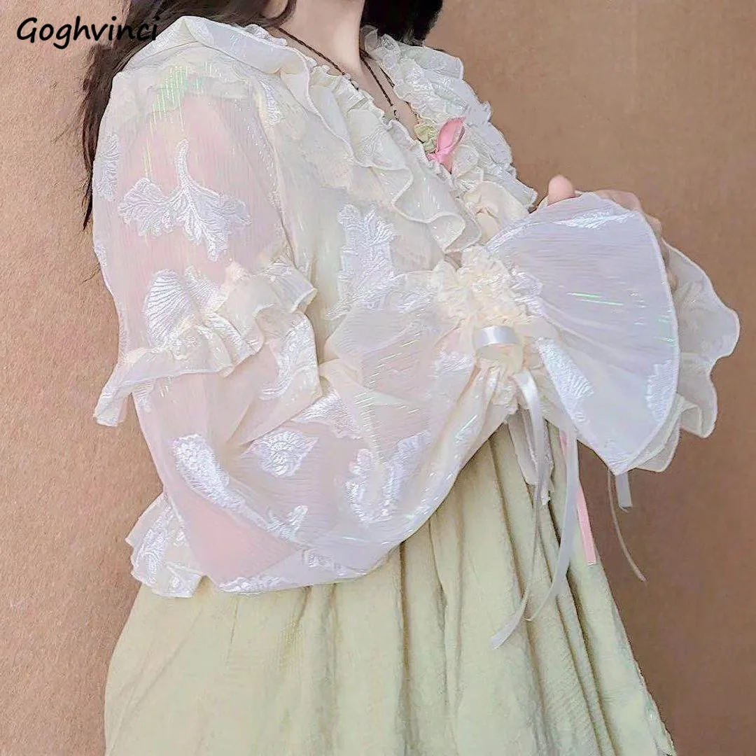 

Женские шифоновые укороченные топы куртки принцессы, универсальные прозрачные свободные летние Молодежные повседневные Простые с рюшами и длинными рукавами в стиле ольччан