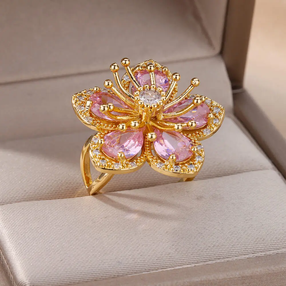 Gold Color Zircon Flower Rings for Women Girls Elegant Stainless Steel zircon rings fashion rings gold rings stainless steel rings finger rings fashion ring metal rings Floral Jewelry Trendy Luxury Aesthetic 2025 Style