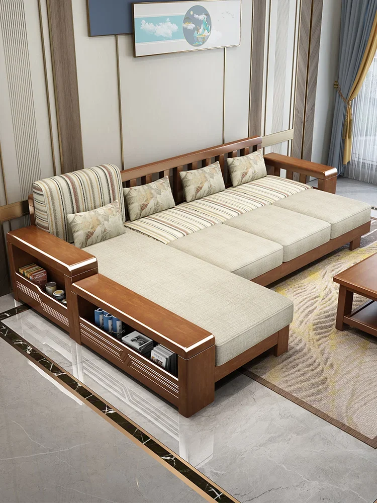 

Solid wood sofa All solid wood New Chinese style home living room fabric sofa combination Small unit economy corner sofa