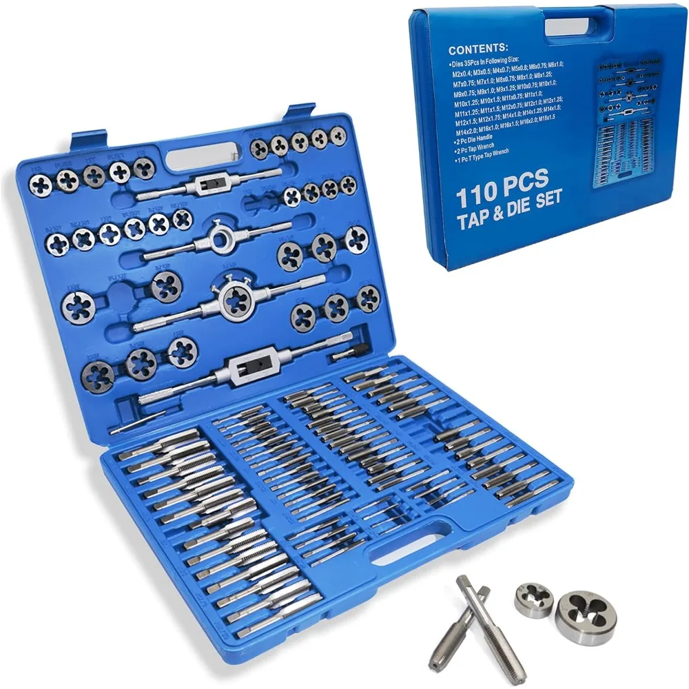 

110PCS Tap and Die Set, Metric Tap and Die Rethreading Kit, Thread Chaser Set for Cutting External and Internal Threads