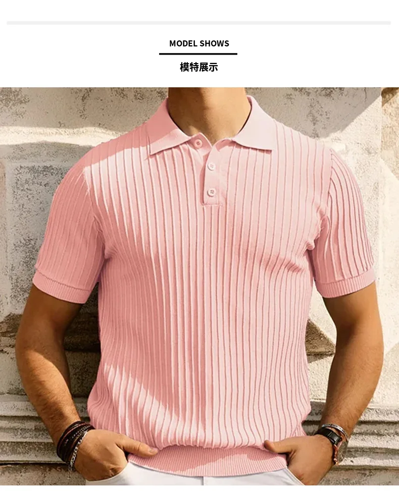 Description Picture 4 of itemSummer Clothing Men's Luxury Knitted Short Sleeve Button-down Polo Shirt Solid Color Vintage Fashion Business Leisure Knitwear