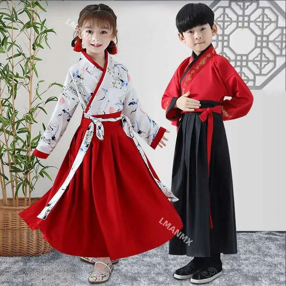 

Kids Chinese Ancient Costume Girls Traditional Han Dynasty Stage Performance Party Clothing Folk Dance Boys Hanfu Costumes Set