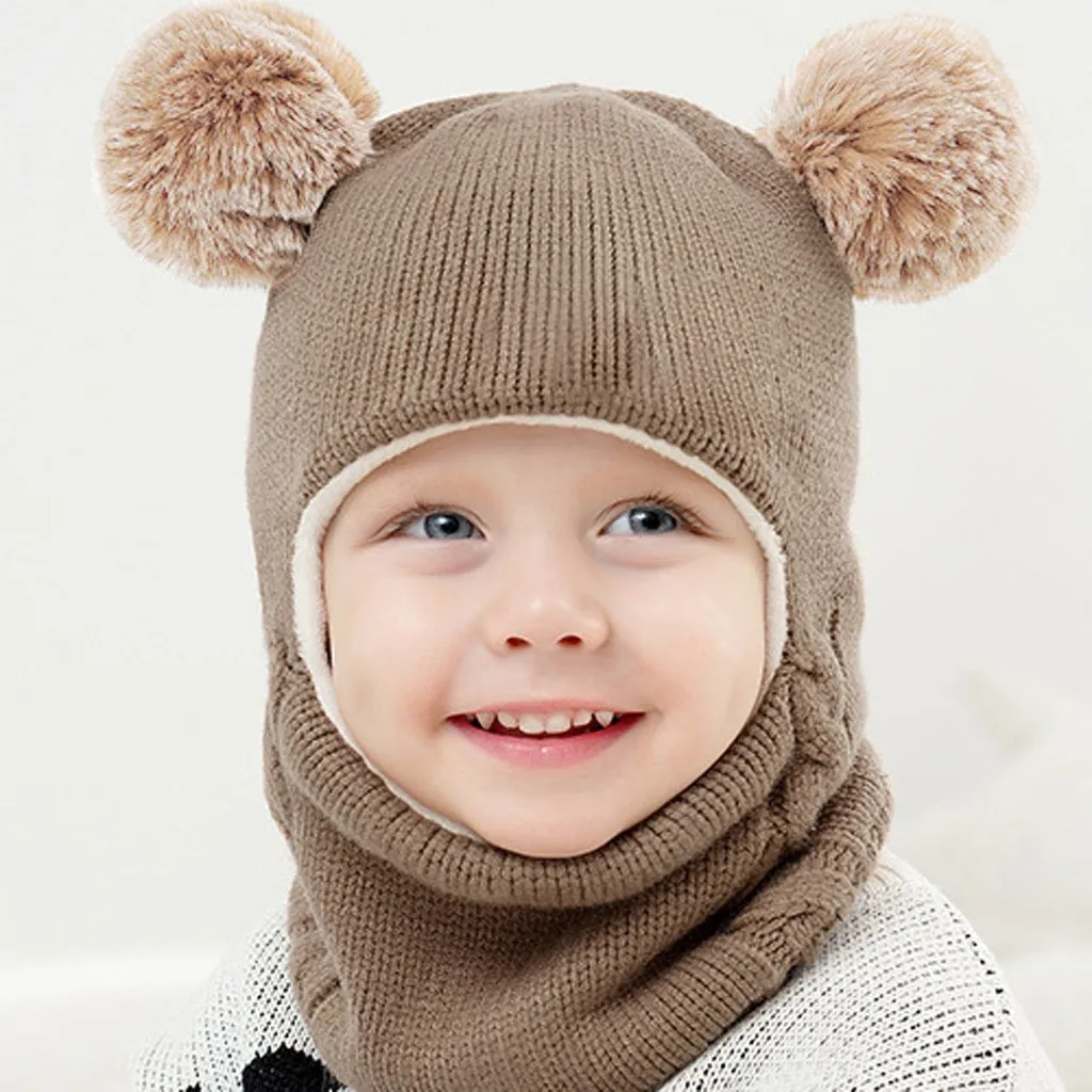 Kid Solid Pompom Beanie Baby Boy Girl Hooded Scarf Caps Hat Winter Warm Knit Flap Cap Scarf Newborn Winter Windproof Warm Hats
