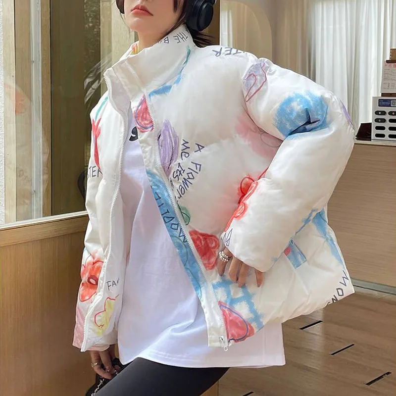 

Korean Fashion Print Winter Jackets Female Thicken Warm Stand Collar Cotton Padded Coat Women Parkas Loose Outwear Winter Coat