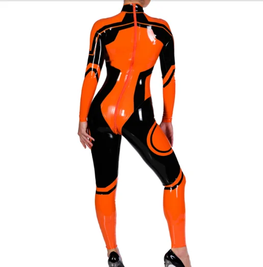 

Latex Rubber Gummmi Orange black color matching Jumpsuit party role play racing uniform hand customized 0.4mm XS-XXL Cool