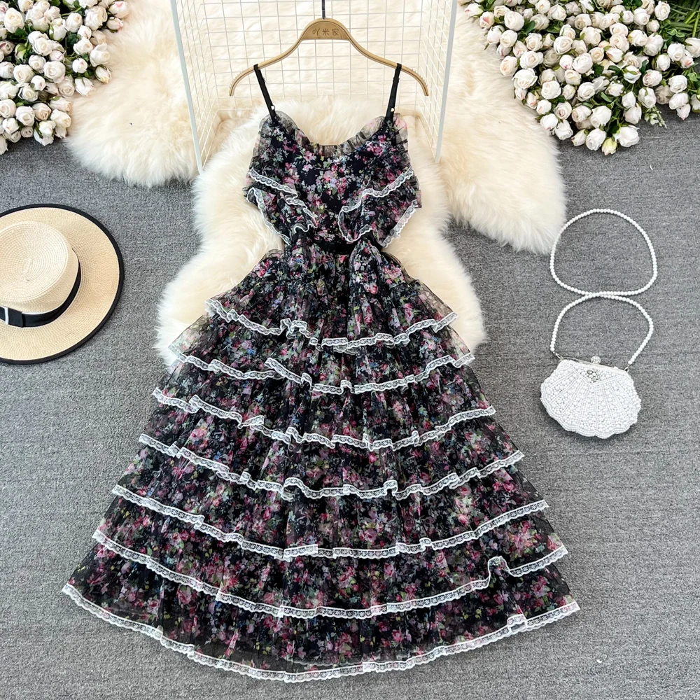 

Fashion V-neck Floral Lace Flounced Suspender Dress High Waist Sleeveless Mesh Cake Dress Holiday Large Swing Long Dress