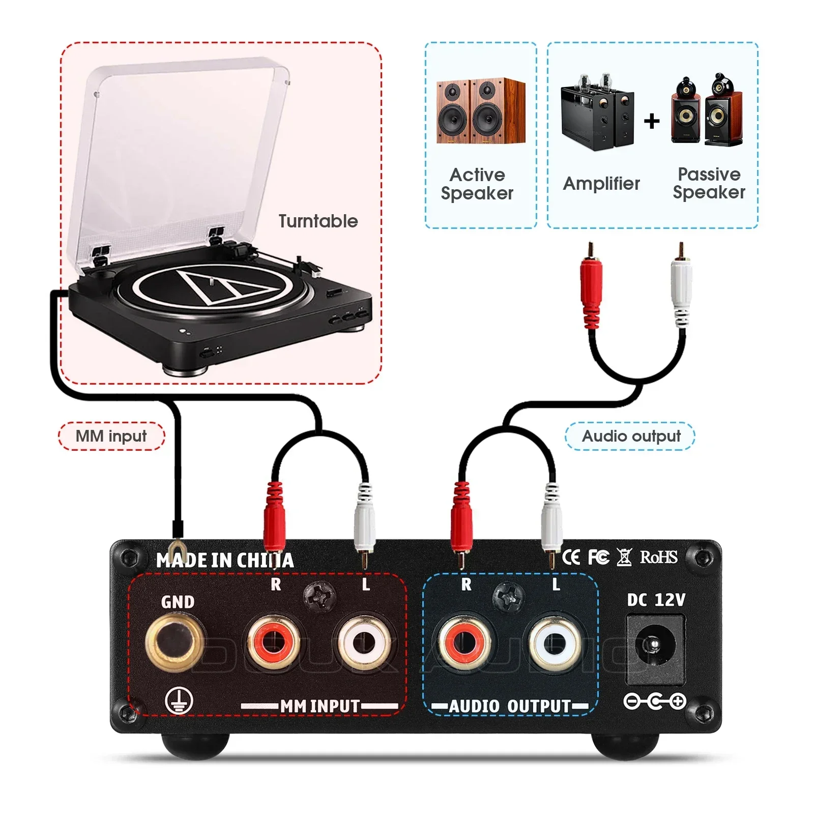 Douk Audio T3 HiFi MM RIAA Phonograph Preamplifier RIAA Home Record Player Phono Stage Preamp Turntable Amplifier Volume Control