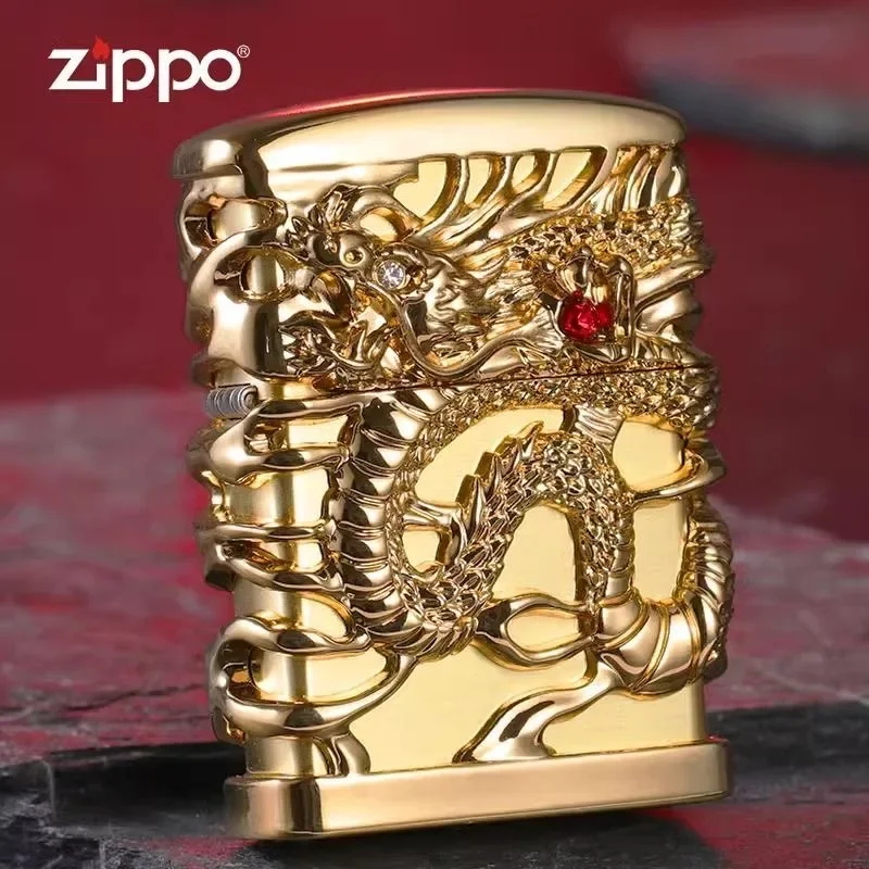 Accendino Zippo High Polish Golden Silver Dragon Collezione Antivento In Scatola