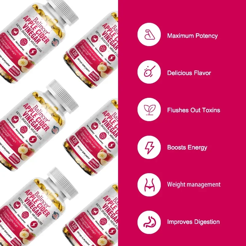 Fat Burner Apple Cider Vinegar Gummies Apple Cider Vinegar Supplement Capsules with Magnesium Green Tea for Detox Bloating Constipation