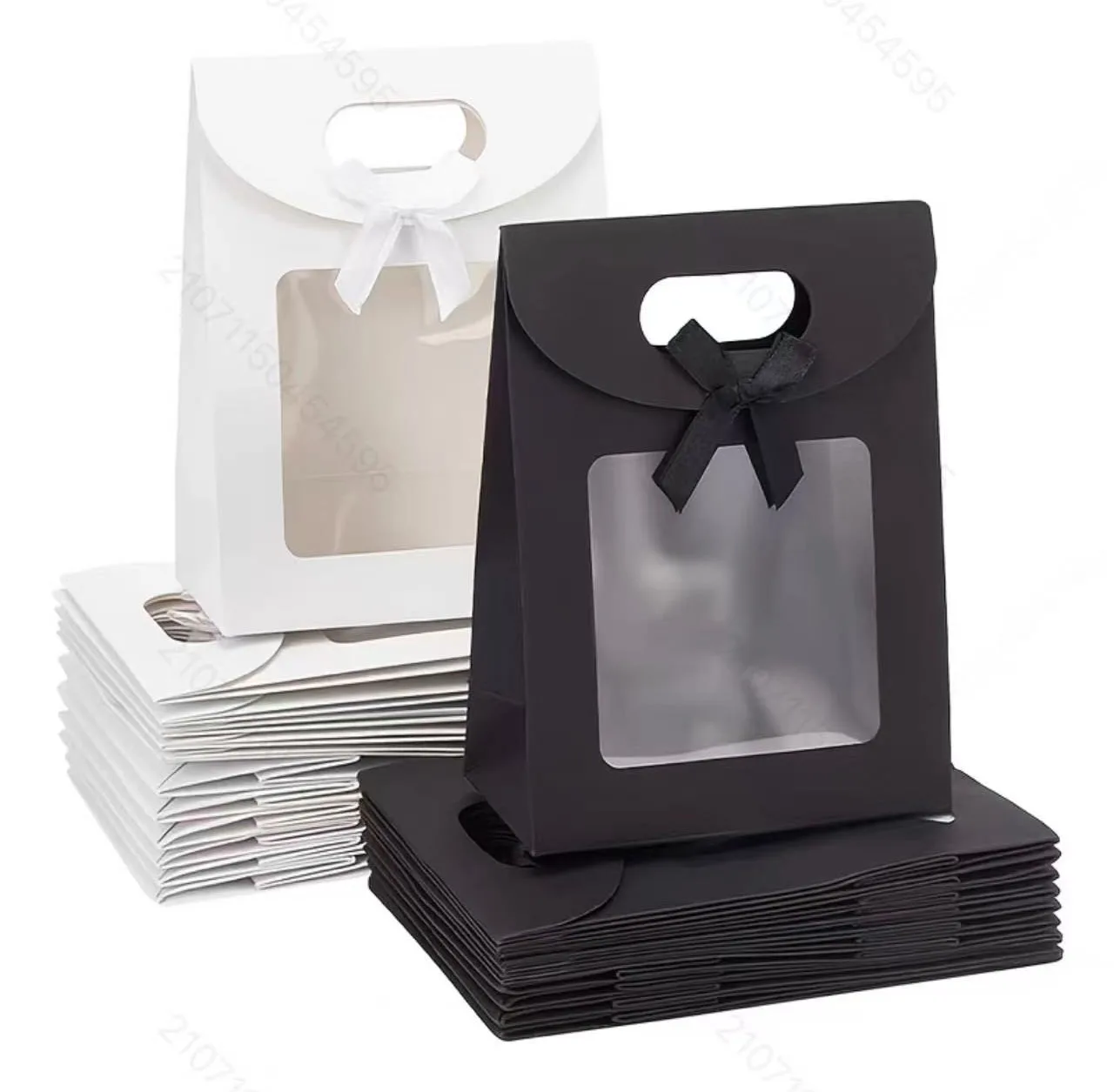 12 black and white gift bags with windows, upright small gift bags with bows, for wedding and birthday gift wrapping 1