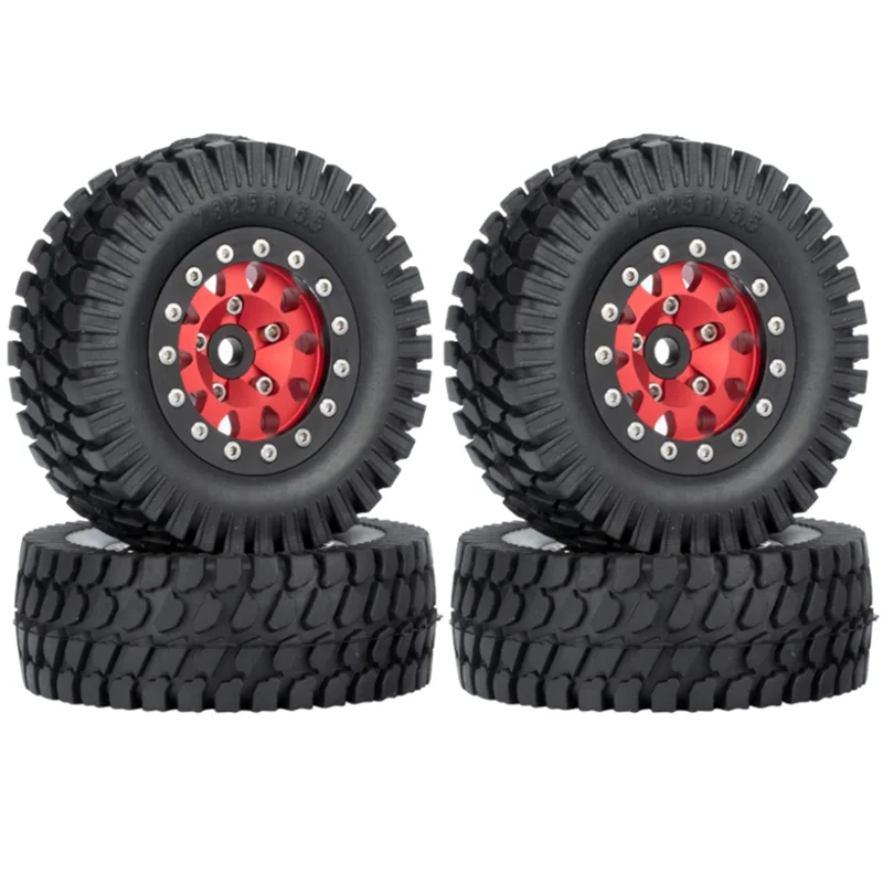 

4PCS 76mm 1.55Inch Metal Beadlock Wheel Rims Tires Set for 1/10 RC Crawler Car Axial Jr ,Red Black Edge
