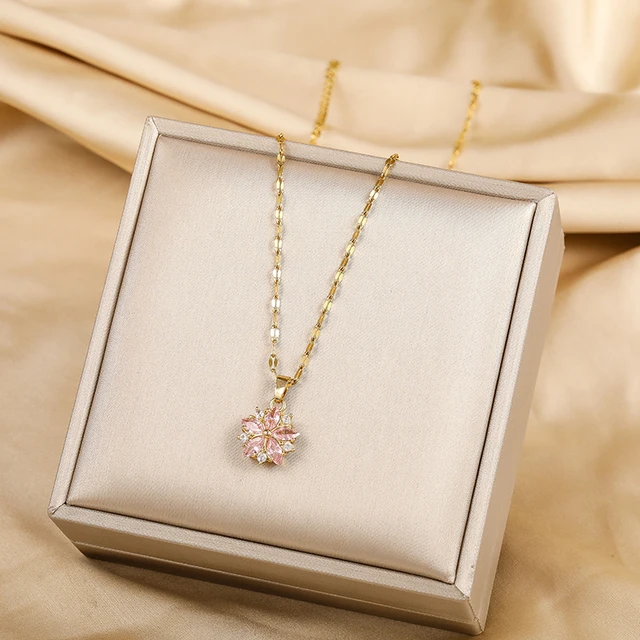 New Cute Romantic Pink Sakura Pendant Stainless Steel Necklaces For Women Korean Fashion Female Sexy Clavicle Chain Jewelry Gift 3