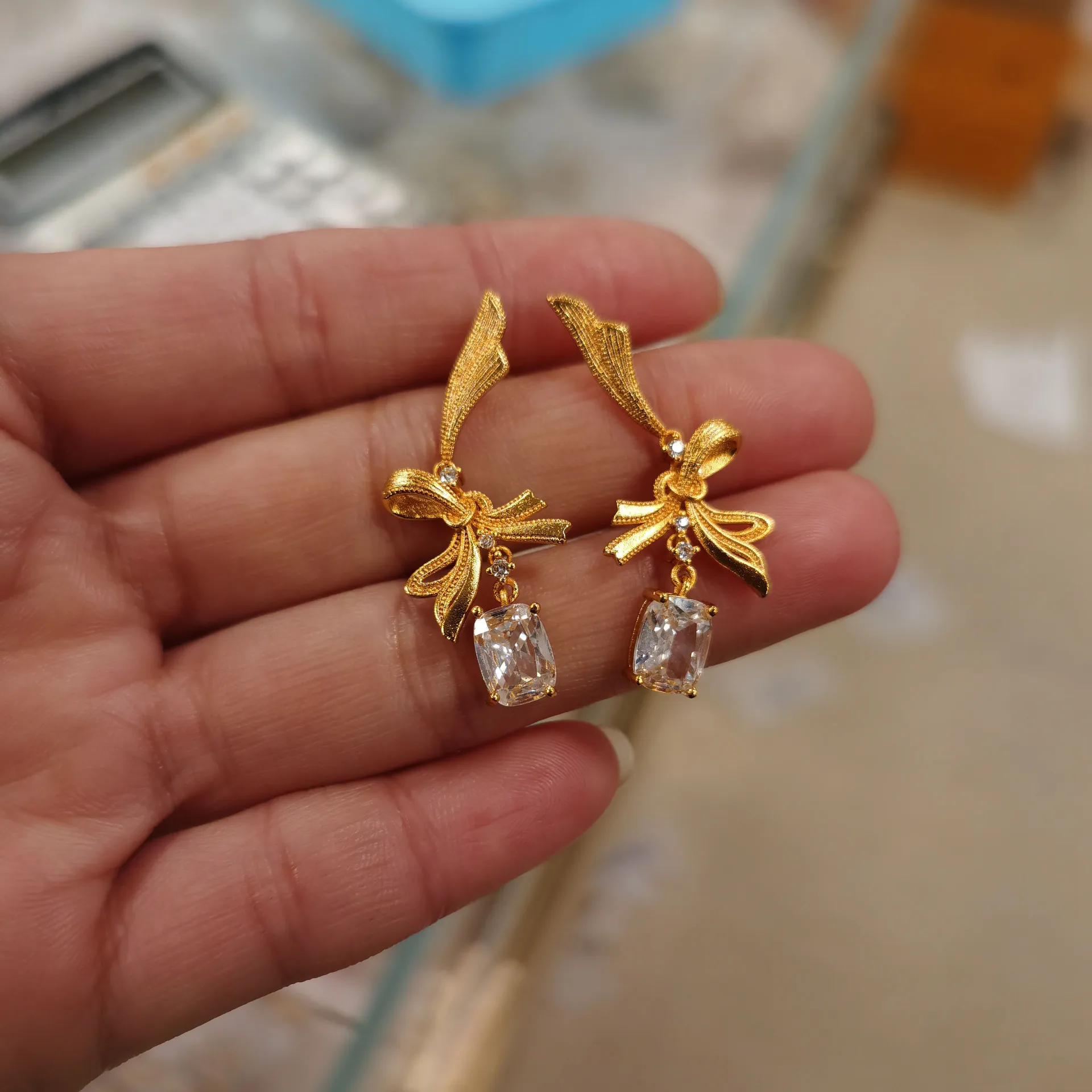 24K Gold AU999 Bow Square Stud Earrings Zircon Women's Jewelry Birthday Gift