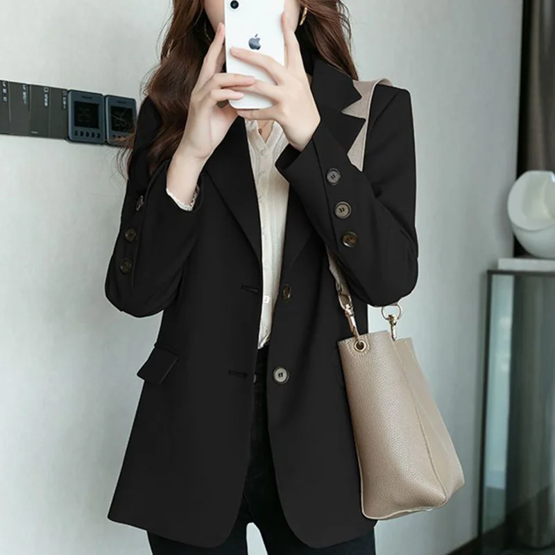 Fashion Lapel Button Spliced Solid Color Casual Blazer Women's Clothing 2023 Autumn New All-match Tops Loose Office Lady Blazers