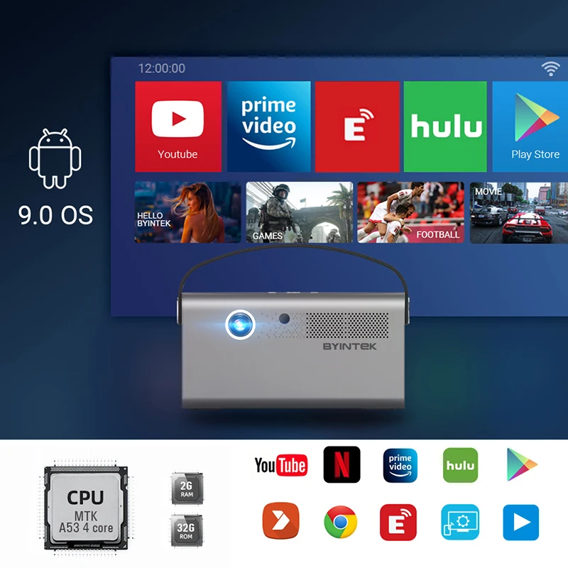 18년 공장 Byintek R17 Pro 스마트 3D 미니 안드로이드 프로젝터 WIFI LED DLP 소형 빔프로젝터, 내장 배터리 탑재 모바일 휴대용