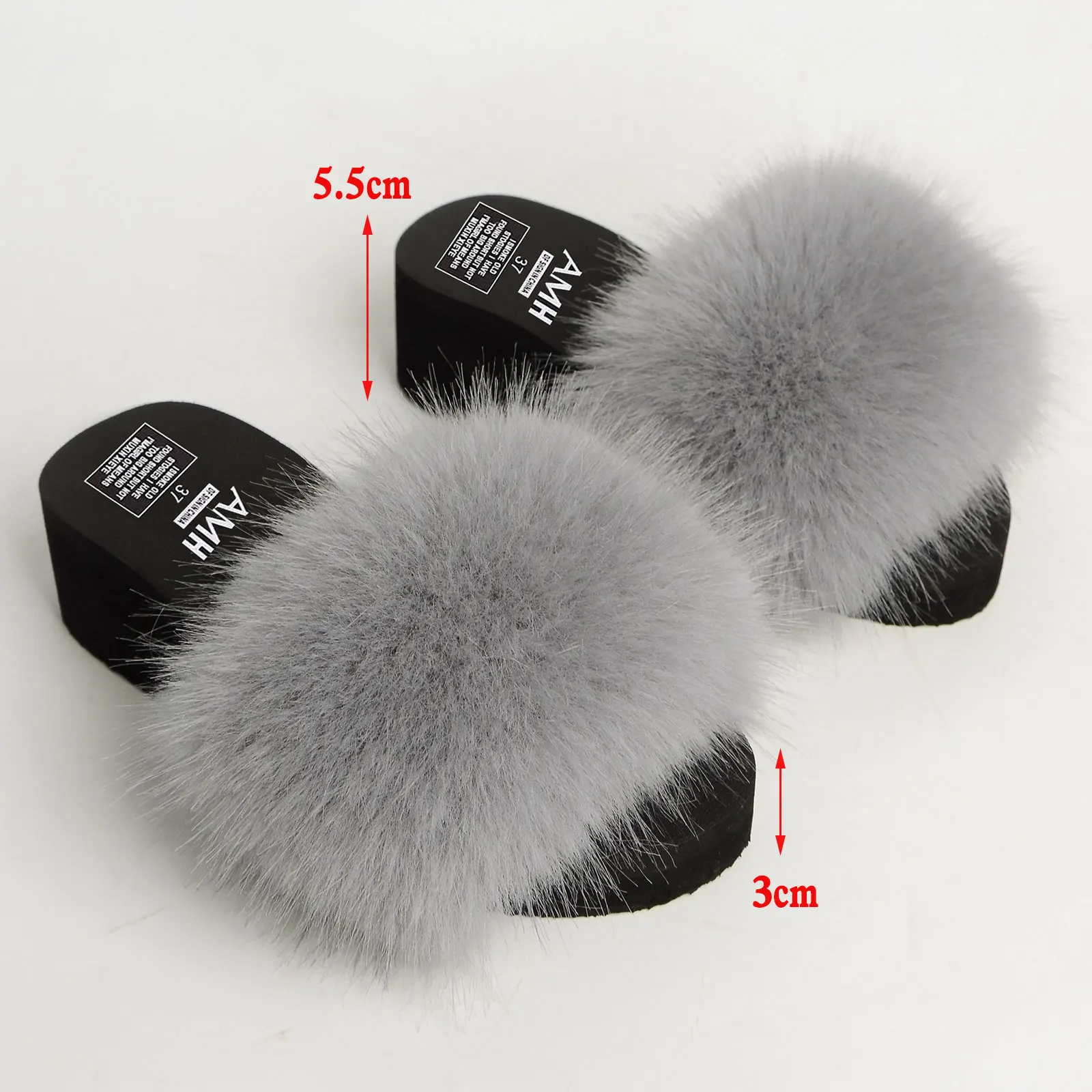 New Style Women'S Furry Fur Slippers Faux Fox Fur Fluffy 5.5cm Thick Bottom Summer Non-Slip Open Toe Indoor Sandals