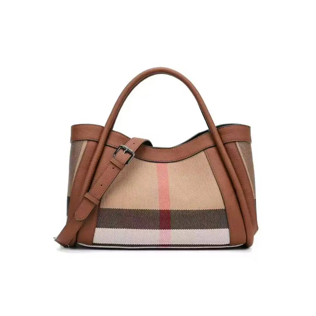 High Quality Genuine Leather Elegant Stylish Satchel Handbags Women's Luxury Canvas Plaid Top Handle Shoulder Crossbody Bag