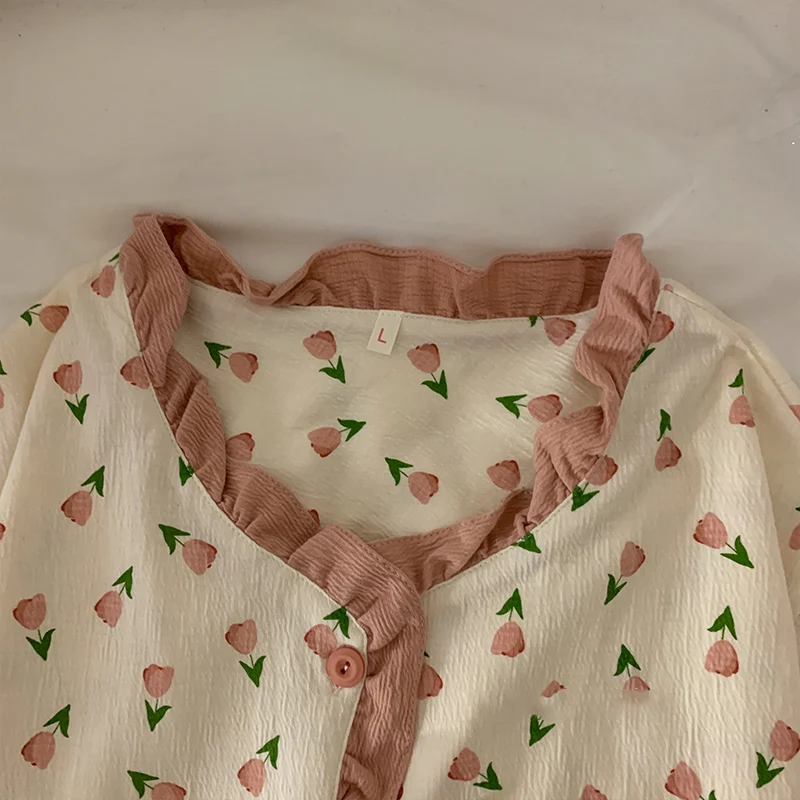 Lace Round Necked Pajamas For Women 2024 New Short Sleeves Shorts Ruffles Female Sleepwear Sets Korean Floral 2Pcs Night-clothes