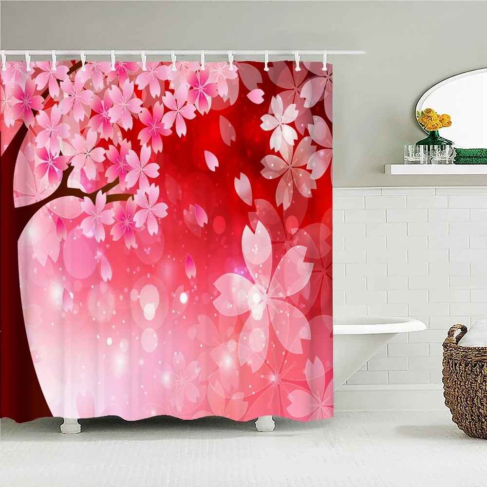 

Waterproof Shower Curtain for Bathroom Cherry Blossom Pink Flowers Printing Bathtub Curtains Fabric Bath Curtain with Hooks